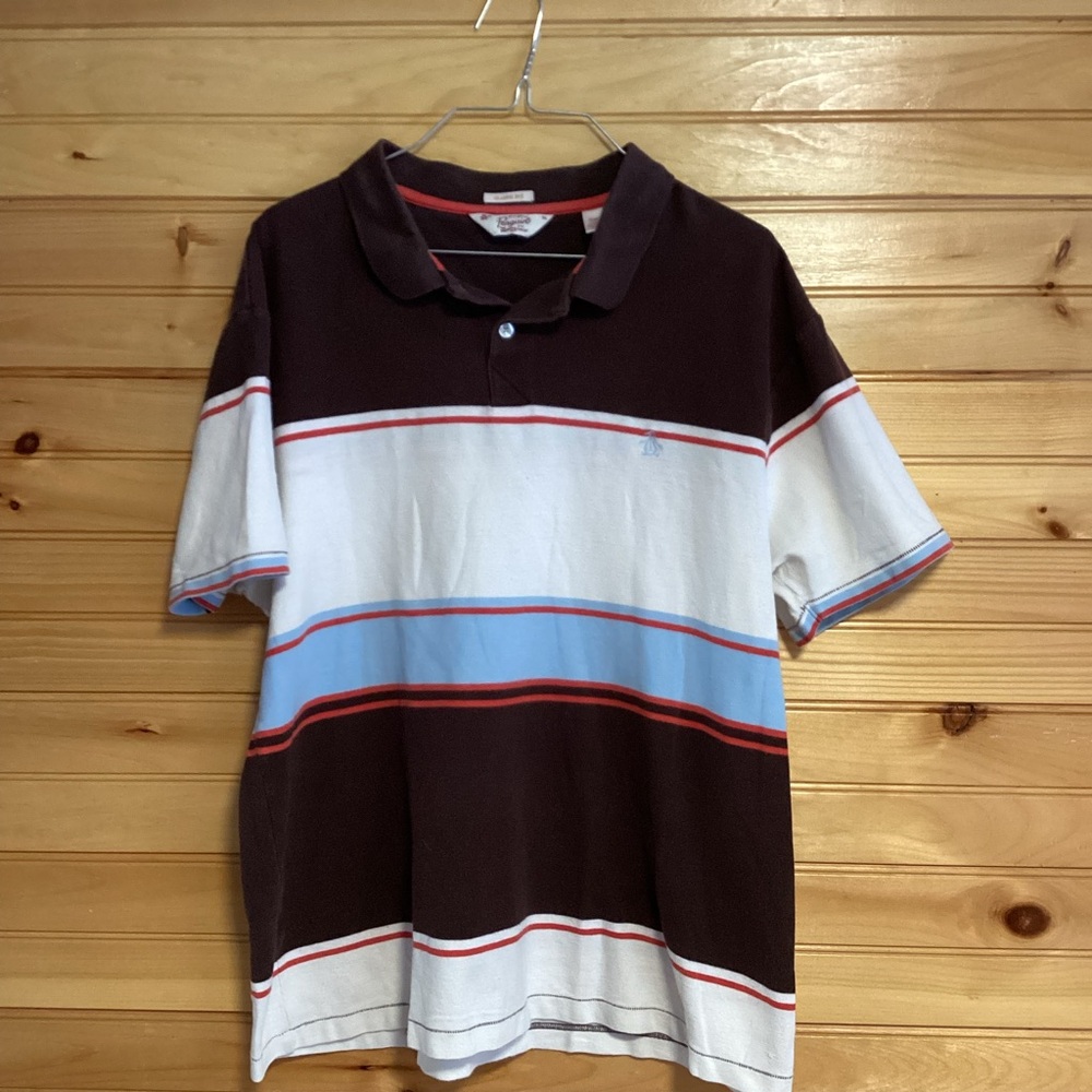 The Penguin Classic Fit Collard Tee Striped Brown White Blue Size XL